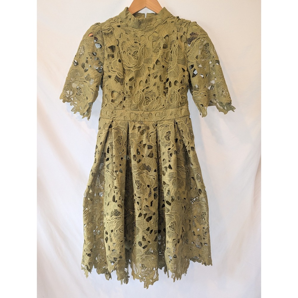 Vintage Handmade Olive Green Guipure Floral Lace Mock Neck A-Line Midi Dress